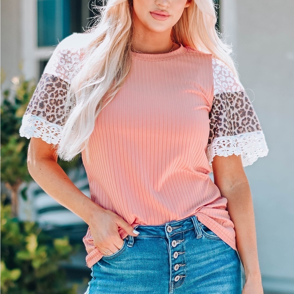 Boutique Leopard Print Lace Sleeve Ribbed Top Womens Small Pink Boho